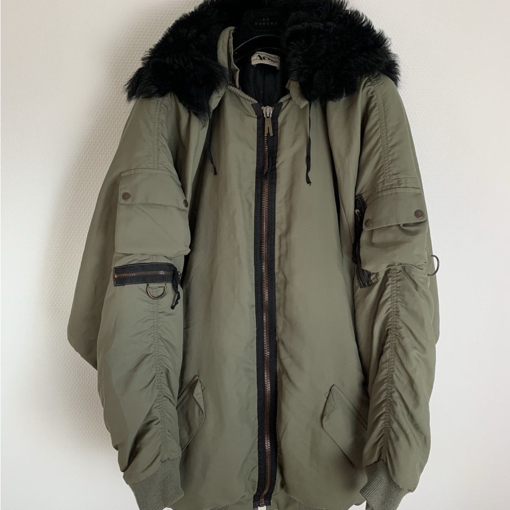 Acne Green Military Field Jacket with Black Fur Collar and Puffy Design